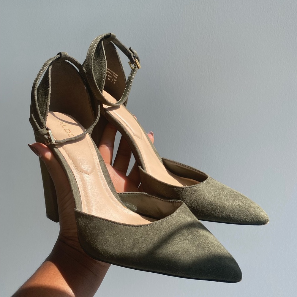 Aldo Suede Forest Green Ankle Strap Heels